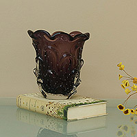 Hand blown art glass vase, 'Ruffled Purple Basket' (8 inch) - Brazilian Hand Blown Purple Art Glass Vase 8 In Tall