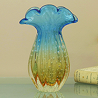Handblown art glass vase, 'Tropical Sky' (10 inch) - Brazil Handblown Ruffled Blue-Amber Art Glass Vase (10 Inch)