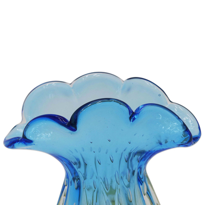 Handblown art glass vase, 'Tropical Sky' (10 inch) - Brazil Handblown Ruffled Blue-Amber Art Glass Vase (10 Inch)