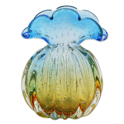 Brazil Handblown Ruffled Blue-Amber Art Glass Vase (11 Inch)