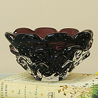 Handblown art glass vase, 'Ruffled Purple Basket' (4 inch)