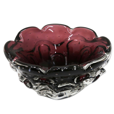 Handblown art glass vase, 'Ruffled Purple Basket' (4 inch) - Brazil Handblown Ruffled Purple Art Glass Vase (4 Inch)