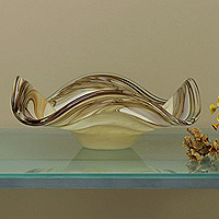 Handblown art glass centerpiece, 'Pearly Amber Wave'