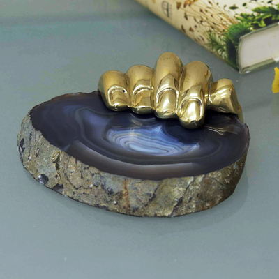 Agate and bronze sculpture, 'Golden Right Hand III' - Signed Bronze and Grey Agate Sculpture