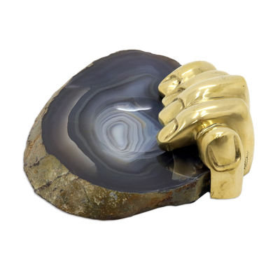Agate and bronze sculpture, 'Golden Right Hand III' - Signed Bronze and Grey Agate Sculpture
