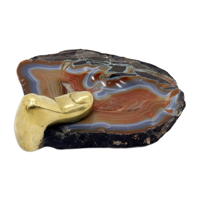 Agate and bronze sculpture, 'Under My Thumb II' - Artisan Crafted Agate and Bronze Sculpture