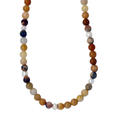 Agate, jasper and cultured pearl beaded necklace, 'Earth Treasures' - Gemstone Beaded Strand Necklace