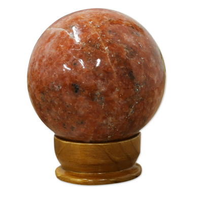 Calcite sculpture, 'Warm Power' - Orange Calcite Ball Sculpture with Cedar Wood Stand