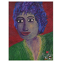 'Retrato de mujer' - Retrato acrílico naif sobre lienzo
