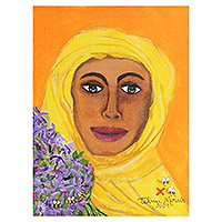'Flores del Jardinero' - Acrílico sobre Lienzo Pintura Naif de Mujer y Flores