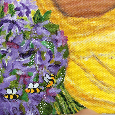 'Gardener's Flowers' - Acryl auf Leinwand Naif-Gemälde von Frau und Blumen