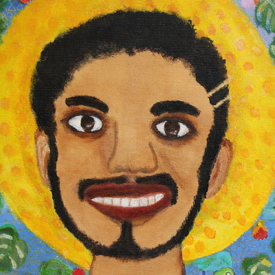 „Heiliges Lächeln eines jeden Tages“ – Naifes Kunstporträt eines fröhlichen Mannes