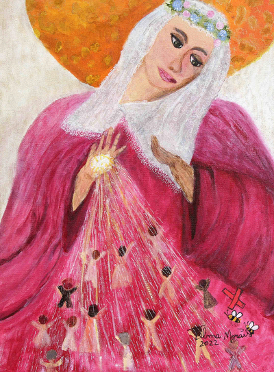 „Der Engel der Büßer“ – Brasilianisches signiertes Naif-Gemälde eines Engels in Rot