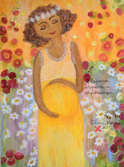 'Waiting Waiting for Hope' - Woman and Babies Acrylic on Canvas Naif Painting from Brazil
