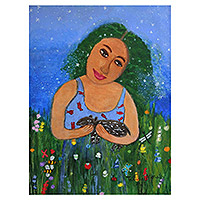 'Silvia Among Flora and Fauna' - Acrylic on Canvas Naif Painting of Woman Flowers and Animals