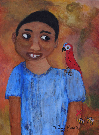 Signed Naif Portrait Painting of a Boy and Bird