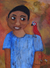 'The Boy and the Bird' - Signed Naif Portrait Painting of a Boy and Bird
