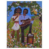 'Flower of the Pequi Fruit' - Signed Naif Portrait Painting of a Couple in Love