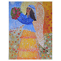 'Sarida, el ángel gitano' - Retrato de pintura de ángel gitano naif firmado de Brasil