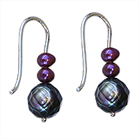 Cultured pearl drop earrings, 'Late Night Wine' - Handmade Purple Brazilian Cultured Pearl Drop Earrings