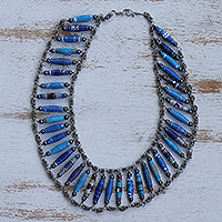 Recycled paper collar necklace, 'Tribal Links in Blue' - Blue Recycled Paper Collar Necklace Handcrafted in Brazil