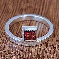 Garnet single stone ring, 'Fair and Square' - Artisan Crafted Garnet Silver Solitaire Ring
