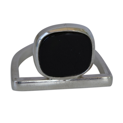 Onyx cocktail ring, 'Black Window' - Handmade Squircle Cabochon Onyx Cocktail Ring from Brazil