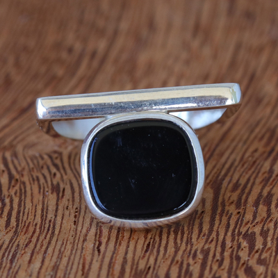 Onyx cocktail ring, 'Black Window' - Handmade Squircle Cabochon Onyx Cocktail Ring from Brazil