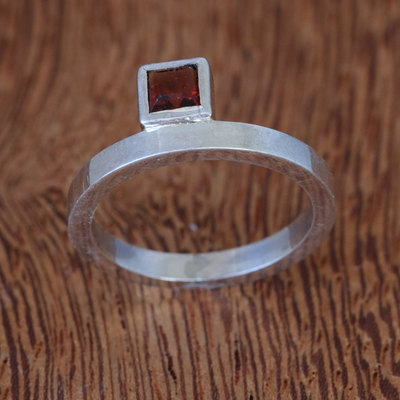 Orange garnet single stone ring, 'Fair and Square' - Artisan Crafted Orange Garnet Silver Solitaire Ring