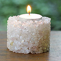 Rose quartz tealight candle holder, 'Harmony Spirit' - Rose Quartz Tealight Candle Holder Crafted in Brazil