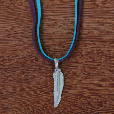 Silver pendant necklace, 'Little Feather' - Handmade Brazilian Silver Pendant Necklace with Suede Cord