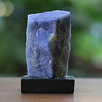 Blue quartz sculpture, 'Fine Creativity' - Blue Quartz and Pine Wood Sculpture Crafted in Brazil