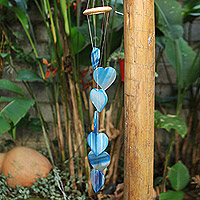 Agate mobile, 'Blue Adoration' - Heart-Shaped Blue Agate Mobile with Pine Wood Ring