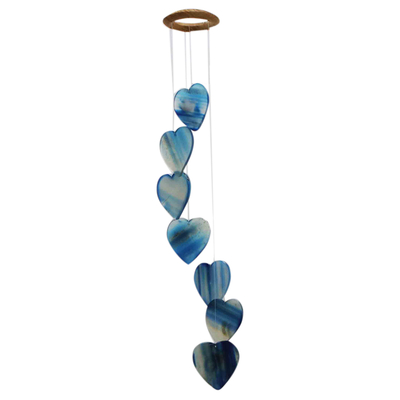 Achat-Mobile - Herzförmiges Mobile aus blauem Achat mit Ring aus Kiefernholz