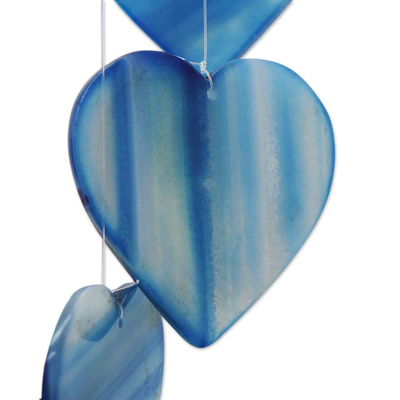 Ágata móvil - Móvil de ágata azul en forma de corazón con anillo de madera de pino