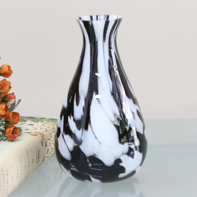 Art glass vase, 'Stable Monochrome' - Hand-Blown Murano-Style Black and White Art Glass Vase