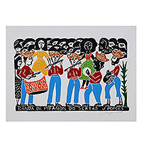 'Rural Fife Band III' - Retrato de banda de Fife grabado en madera multicolor por J. Borges