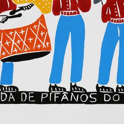 'Rural Fife Band III' - Retrato de banda de pífano grabado en xilografía multicolor de J. Borges