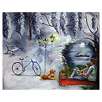 'Picnic Under the Moonlight' - Signed Unstretched Romantic Expressionist Painting of Picnic