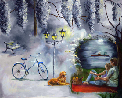 'Picnic bajo la luz de la luna' - Pintura expresionista romántica firmada sin estirar de picnic