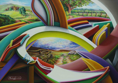 'Fantasía y Realidad' - Pintura abstracta colorida estirada firmada de Brasil