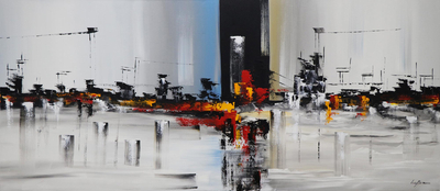 'Nocturnal City' - Signed Unstretched Abstract Painting with Urban Landscape