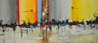 'Light City' - Signed Unstretched Abstract Painting with Warm Landscape