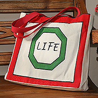 Cotton tote bag, 'Life' - Cotton Tote Bag with Life Sign Handpainted in Brazil