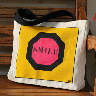 Bolso tote de algodón - Bolso Tote de Algodón con Signo de Sonrisa Pintado a Mano en Brasil