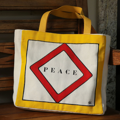 Hand-painted cotton tote, 'Peace Diamond' - Wearable Art Cotton Tote Bag with Power Word PEACE