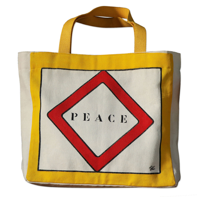 Hand-painted cotton tote, 'Peace Diamond' - Wearable Art Cotton Tote Bag with Power Word PEACE