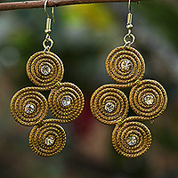 Golden grass dangle earrings, 'Golden Twists' - Golden Grass Dangle Earrings with Rhinestones from Brazil