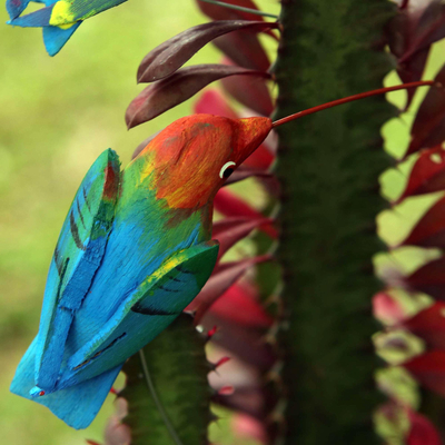 Wood ornaments, 'Natural Hummingbirds' (set of 5) - Set of 5 Pine Wood Hummingbird Ornaments in Colorful Tones