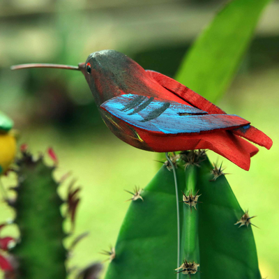 Wood ornaments, 'Natural Hummingbirds' (set of 5) - Set of 5 Pine Wood Hummingbird Ornaments in colourful Tones
